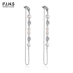 F.I.N.S Original Luxury S925 Sterling Silver Baroque Pearl Dangle Earrings Long Bead Chain Multi Wears Zircon Pierced Ear Jewels