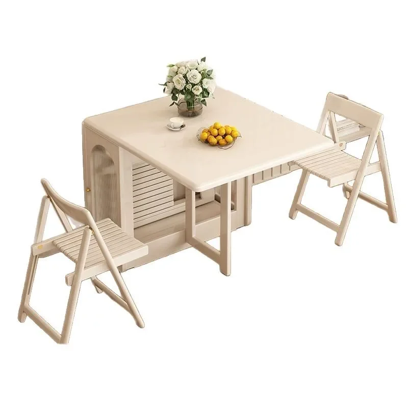 

Cream wind solid wood folding dining table removable white small apartment retractable against the wall dining multi-function