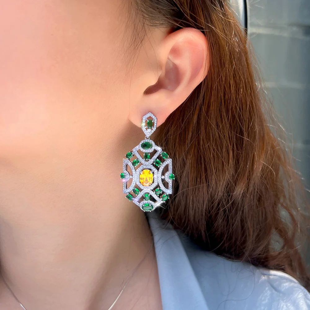 BeaQueen Ethnic European Design Green Yellow Cubic Zirconia Luxury Big Dangle Earrings for Women Anniversary Jewelry Gifts E1151