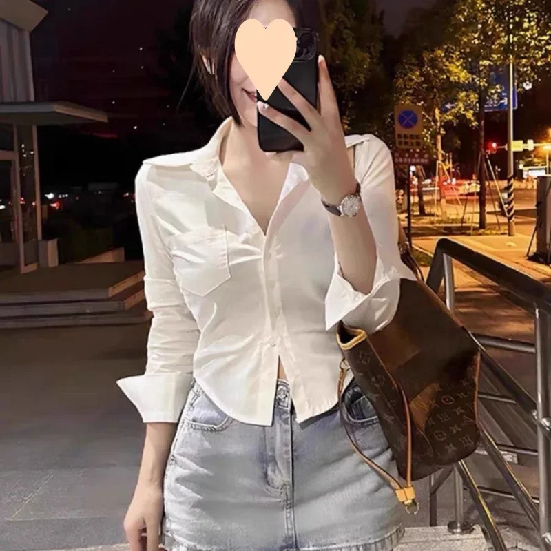 Poloshirt for Women Solid Color Blouse Collar Casual  Korean Long Sleeves Design Polo Tops Basic Fitted Women Shirt 2025 New