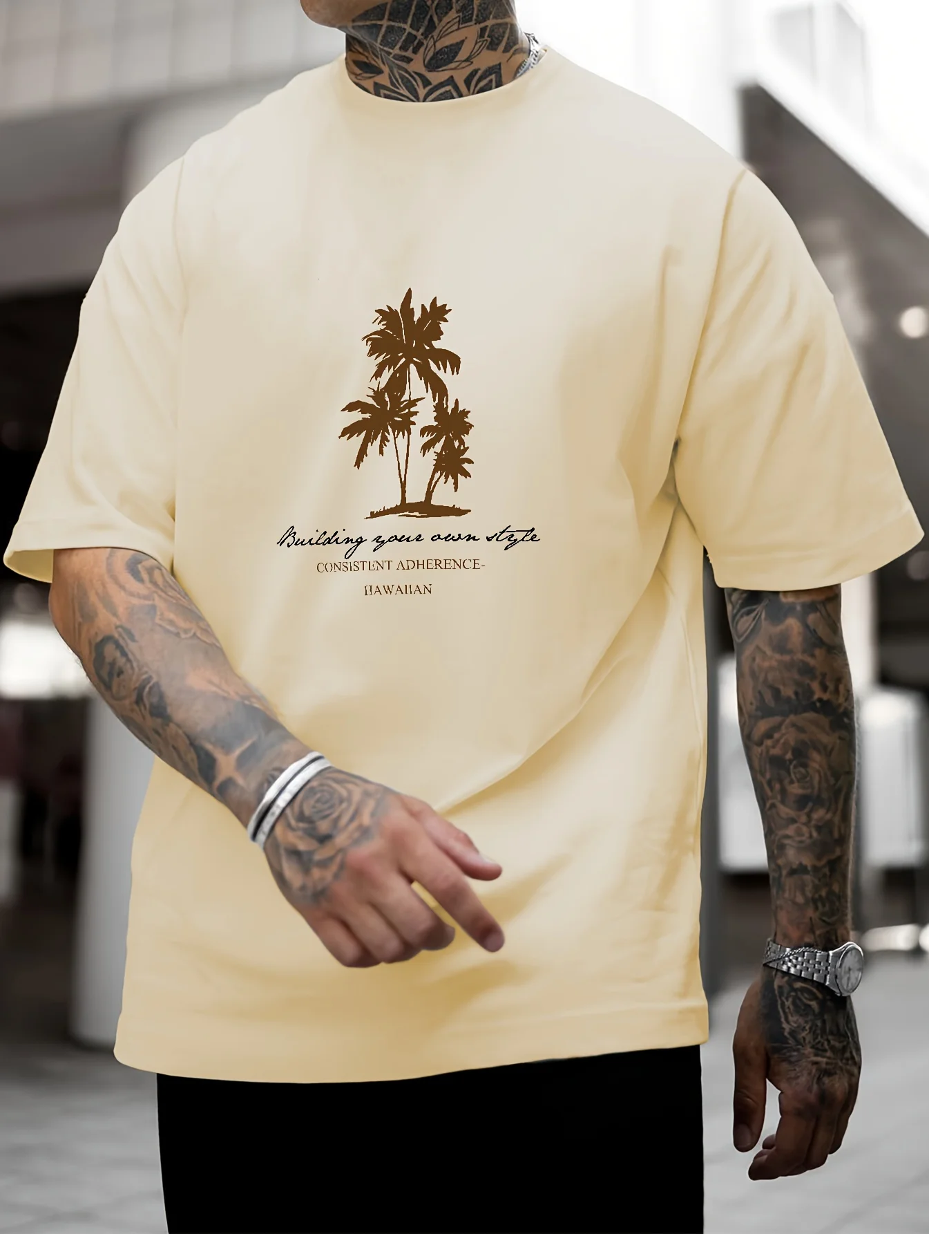 Off White Vintage Coconut Tree Print T-Shirt Made of Premium 100% Cotton Great for Summer Daily Wear and Casual Beach Outings
