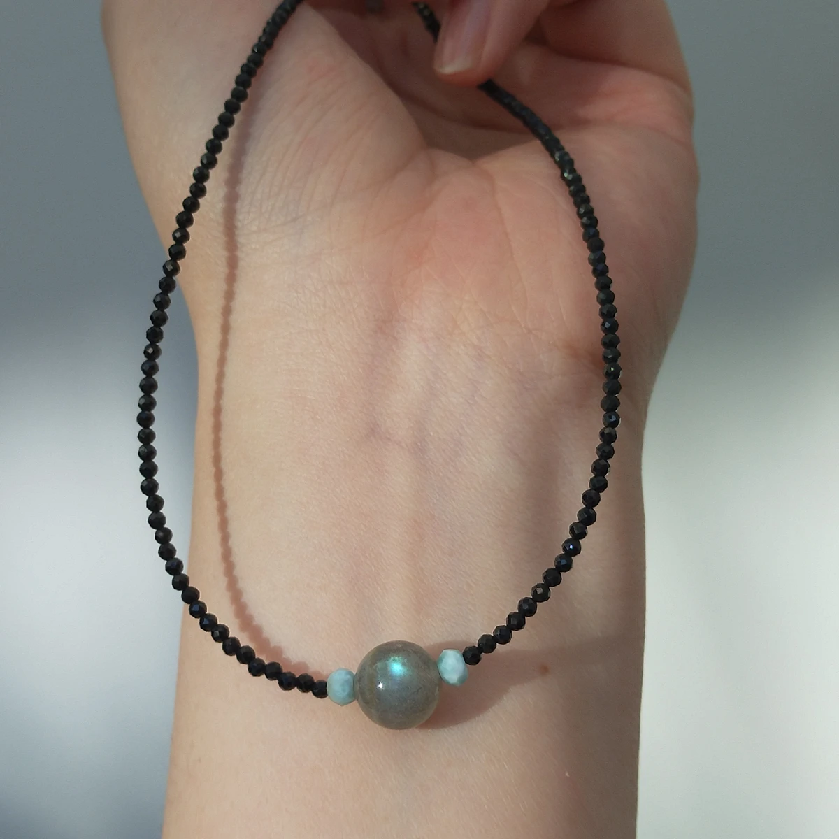 Lii Ji REAL Black Spinels Labradorite Larimar Choker Necklace Delicate 40-45cm(16-18'') Drop shipping