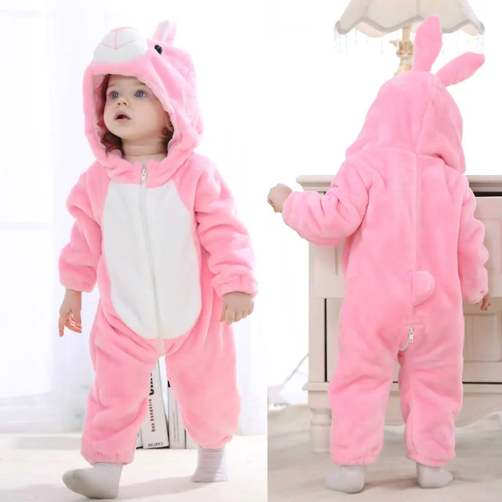 Pink Girl Romper Baby Newborn 2024 Winter Rabbit Kigurumi Bebe Rompers with Zipper Warm Flannel Infant Clothing Children Overall