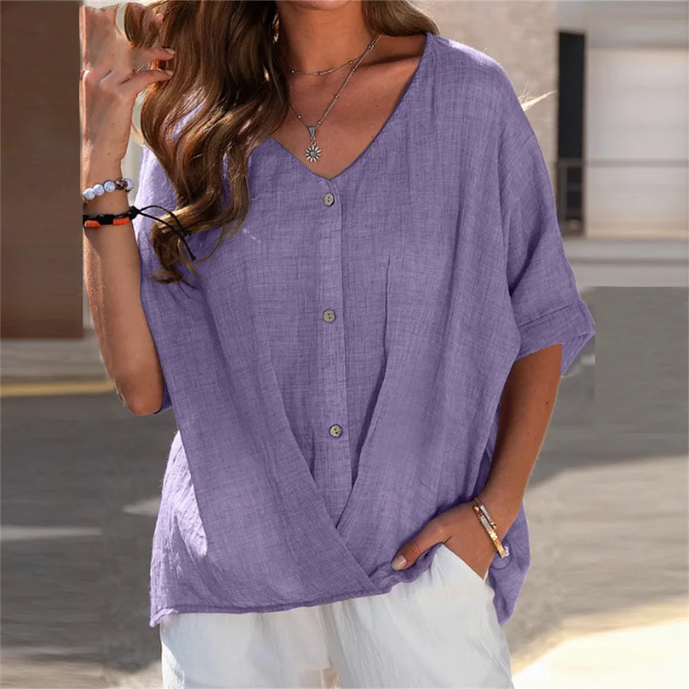 Blusa informal de lino y algodón para mujer, elegante camisa de manga corta con cuello en V, ropa de calle de moda para verano