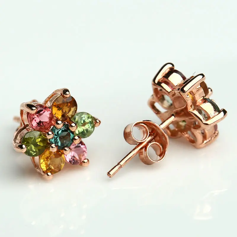 New ideas Rainbow series gemstone flowers Stud Earrings for women Earings Creative Fashion Exquisite Wedding Silver Jewelry