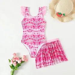 Bañador de una pieza con falda de playa para niña, traje de baño con estampado de sirena rosa, novedad de verano