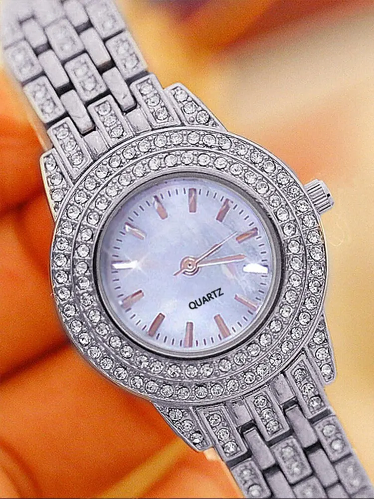 3PCs Women\'s Sparkling Round Diamond Band Quartz Watch+Bracelet Combination Set