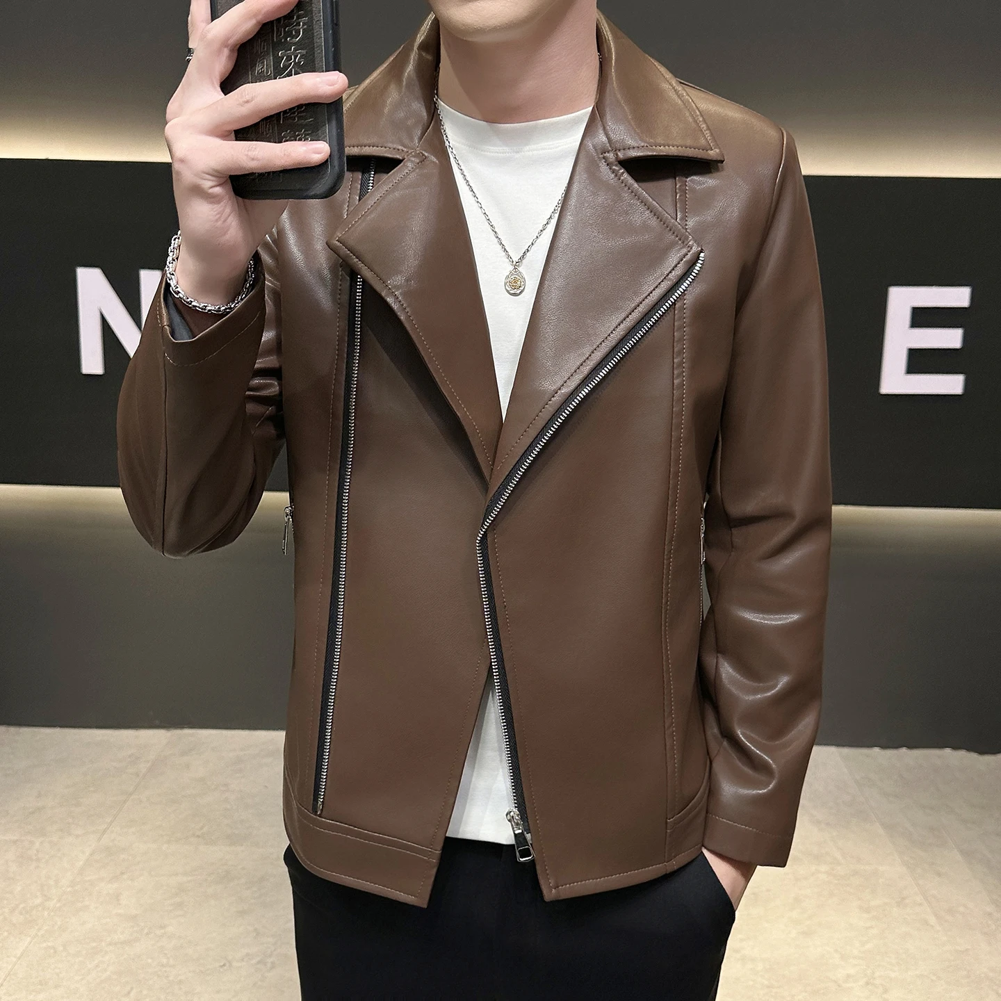 

Мужская куртка Sli Slim Fit из искусственной кожи с диагональной молнией, ветрозащитная, теплая, молодежная, модная, осенне-зимняя, новинка