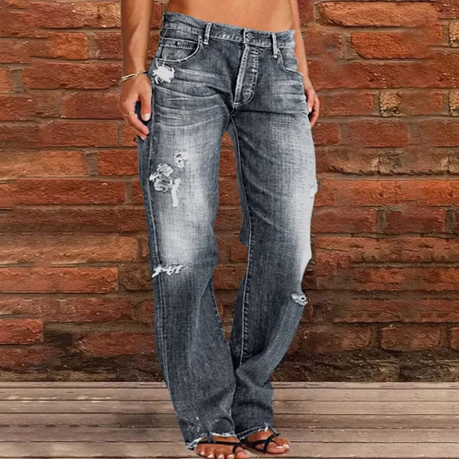 Jeans a gamba dritta per donna Jeans a vita bassa con orlo strappato cargo a vita alta Pantaloni elasticizzati tinta unita casual Streetwear 2024