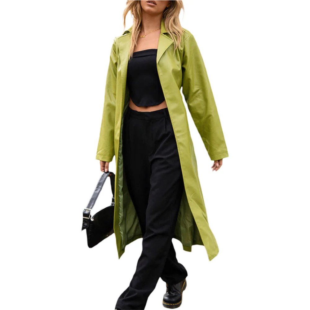 Women Long Waterproof Leather Trench Solid Color Long Sleeve Lapel Waist Belt Tie Leather Coat Fashion PU Leather Outwear 2022