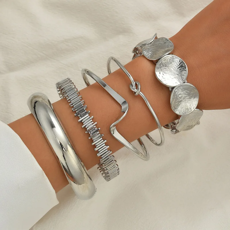 5PCS Irregular Bracelet Open Mouth Jewelry Combination Jewelry Exaggerated Stripes Bracelet Set Punk Leaf Style Bracelet Women