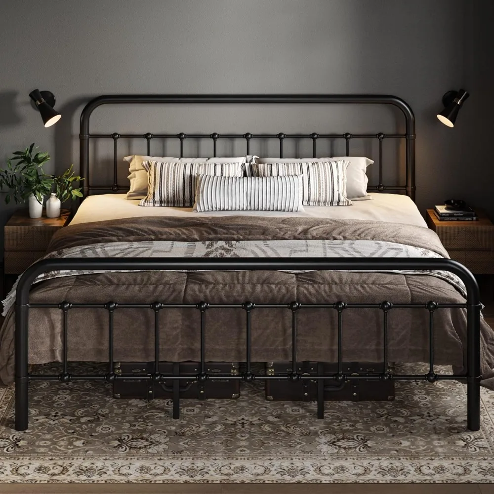 

King Size Metal Platform Bed Frame with Victorian Style Wrought Iron-Art Headboard/Footboard, No Box Beds Bases & Frames