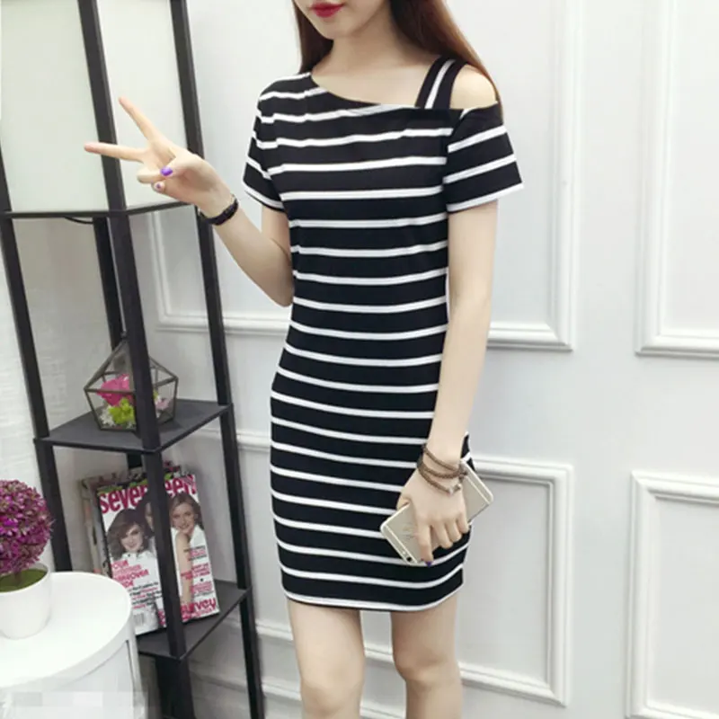 Women's Striped Slash Neck Short Sleeve Slim Dress, Casual Elegant Clothes, Temperament A-line Skirt, Summer, Simplicity Fashion