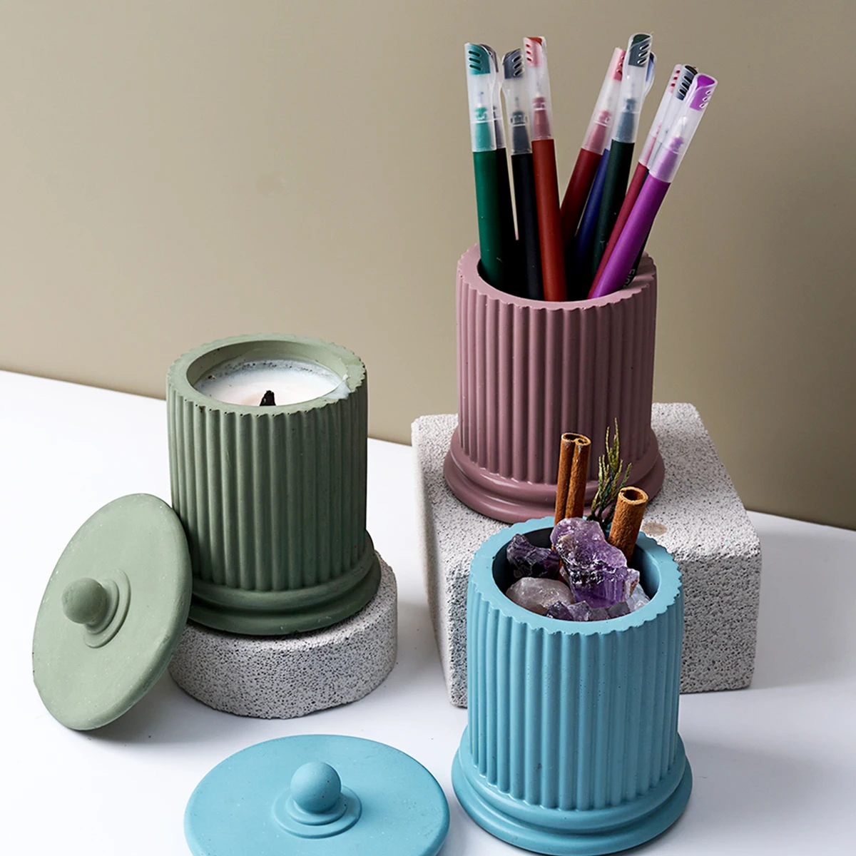 Cylindrical Concrete Storage Jar Silicone Mold with Lid DIY Roman Pillar Stripe Candle Cup Plaster Casting Mould Handmade Craft