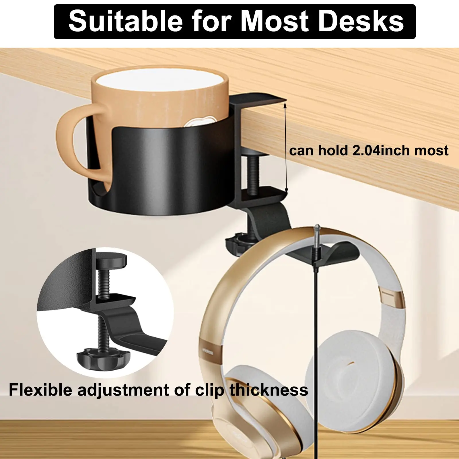 2-in-1 Desk Cup Holder Anti-Spill Cup Holder Clamp with Rotatable Headphone Hanger, Office Coffee Water Organizer Table Cup Clip