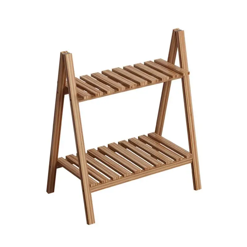 Wooden Plant Stand Rugged And Durable Double-layer Trapezoidal Design Household 2 Tier Foldable Flower Pot Display Shelf Rack