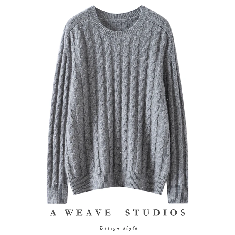 Autumn Winter Daily Womens Sweater 100% Cashmere Pullover Warm Clothes Thicked O-Neck Sequin Twisted Flower Saddle Shoulder Knit