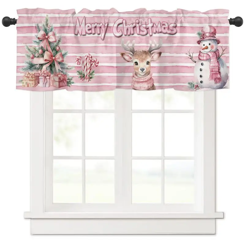 VIKAMA Christmas Short Curtains Valances Pink Reindeer Snowman Kitchen Window Home Winter Holiday Window Decor
