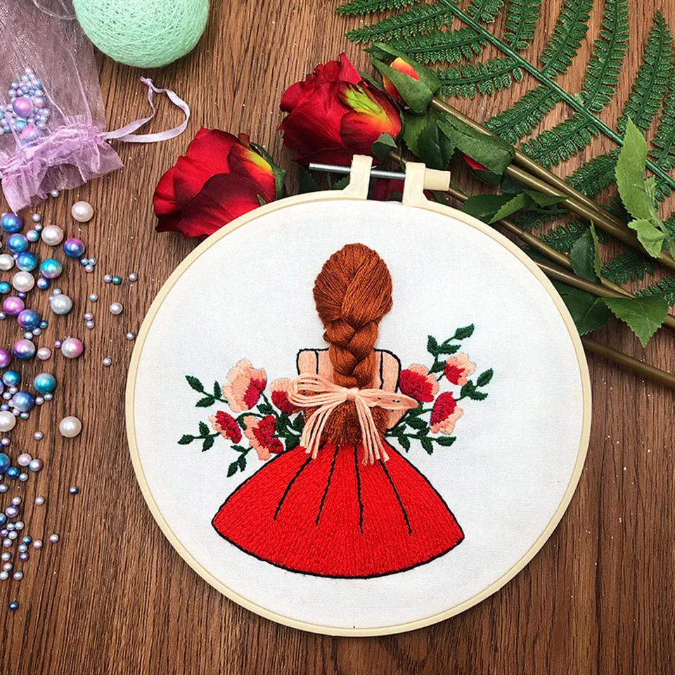 Wedding Dress Embroidery Kit for Beginner Diy Kit Red Cute Girl Pattern Handcraft Hobby And Needlework Sewing Hand Cross Stitch