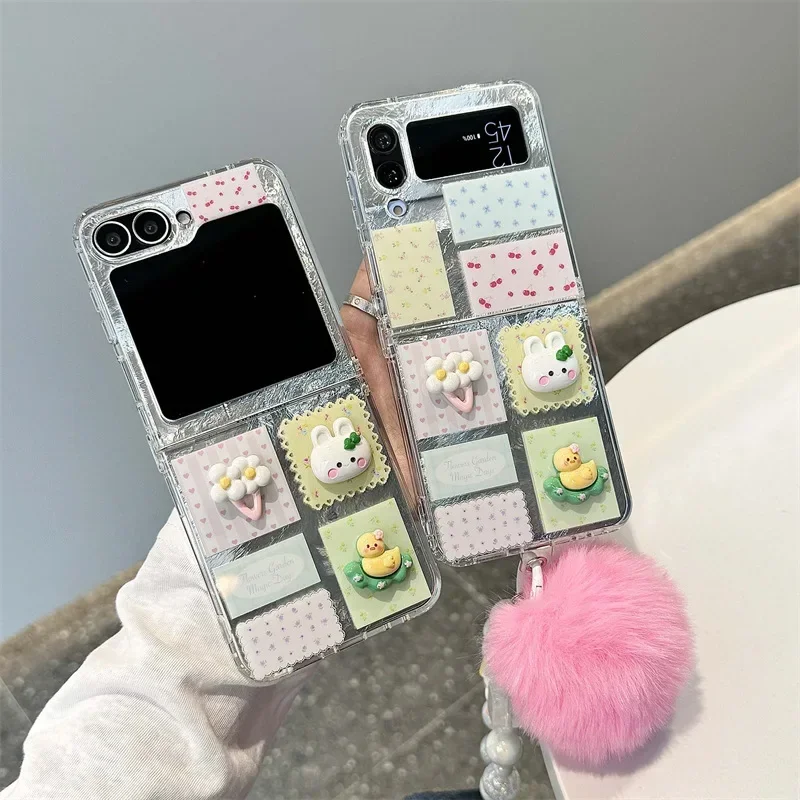 

Rabbit Duck Silver Card Phone Case for Samsung Galaxy Z Flip 6 5 4 3 Protective Back Cover for ZFlip4 ZFlip5 ZFlip6 Case