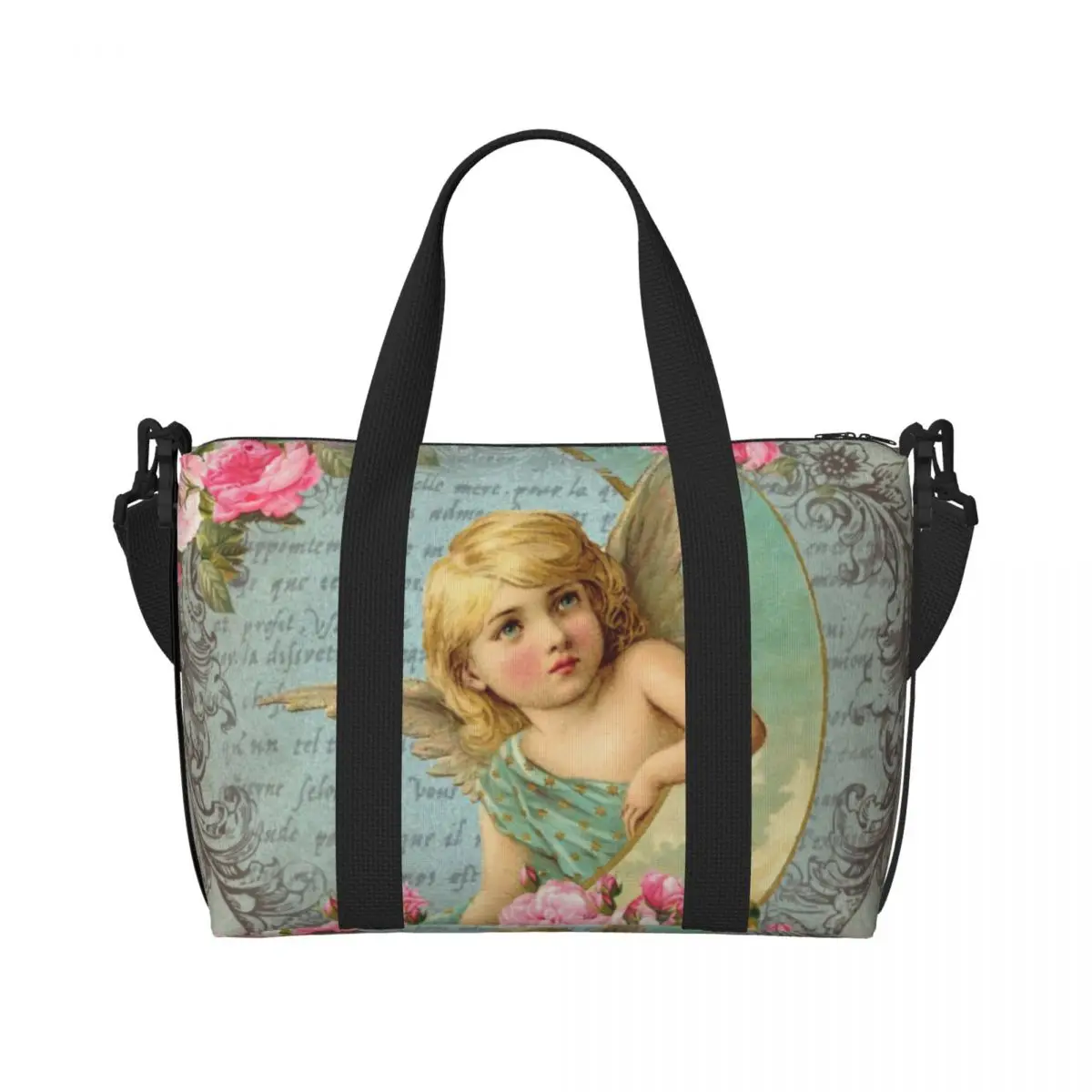 

Custom Vintage Rose Victorian Angel Tote Bag Women Large Capacity Beach Gym Shoulder Travel Bag