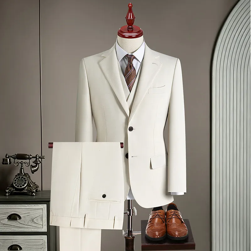 High-End Men's Wedding Banquet Versatile Casual Trendy Three-Piece Set Handmade Half-Linen Wool Italian Style Suit Ensemble