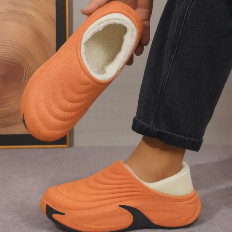 Men Plus Size 47 Warm Plush Waterproof EVA Slippers 2026 Winter Soft Thick Bottom Home Slippers Couple's Non Slip Cotton Shoes