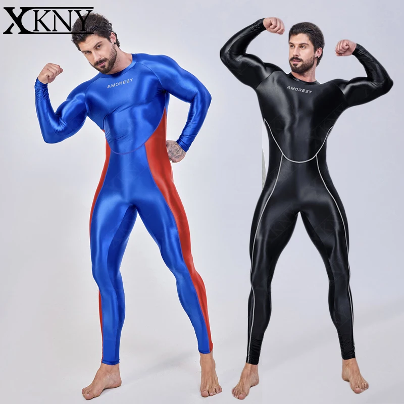 XCKNY glossiness series Smooth Running Clothes Color blocked long sleeved men's one-piece full-length sports bodysuit AMORESY