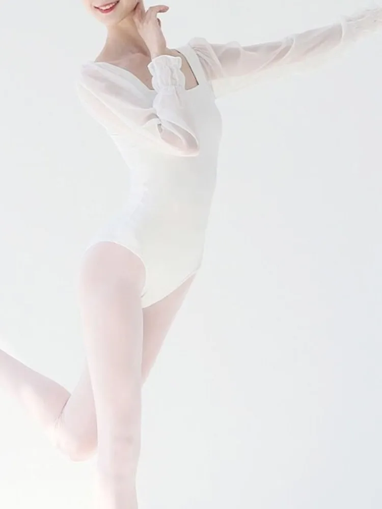 Mesh Patchwork Square Neck Slim Romper with Lantern Sleeves, Ballet Dance Bodysuit for Women, Stage Performance