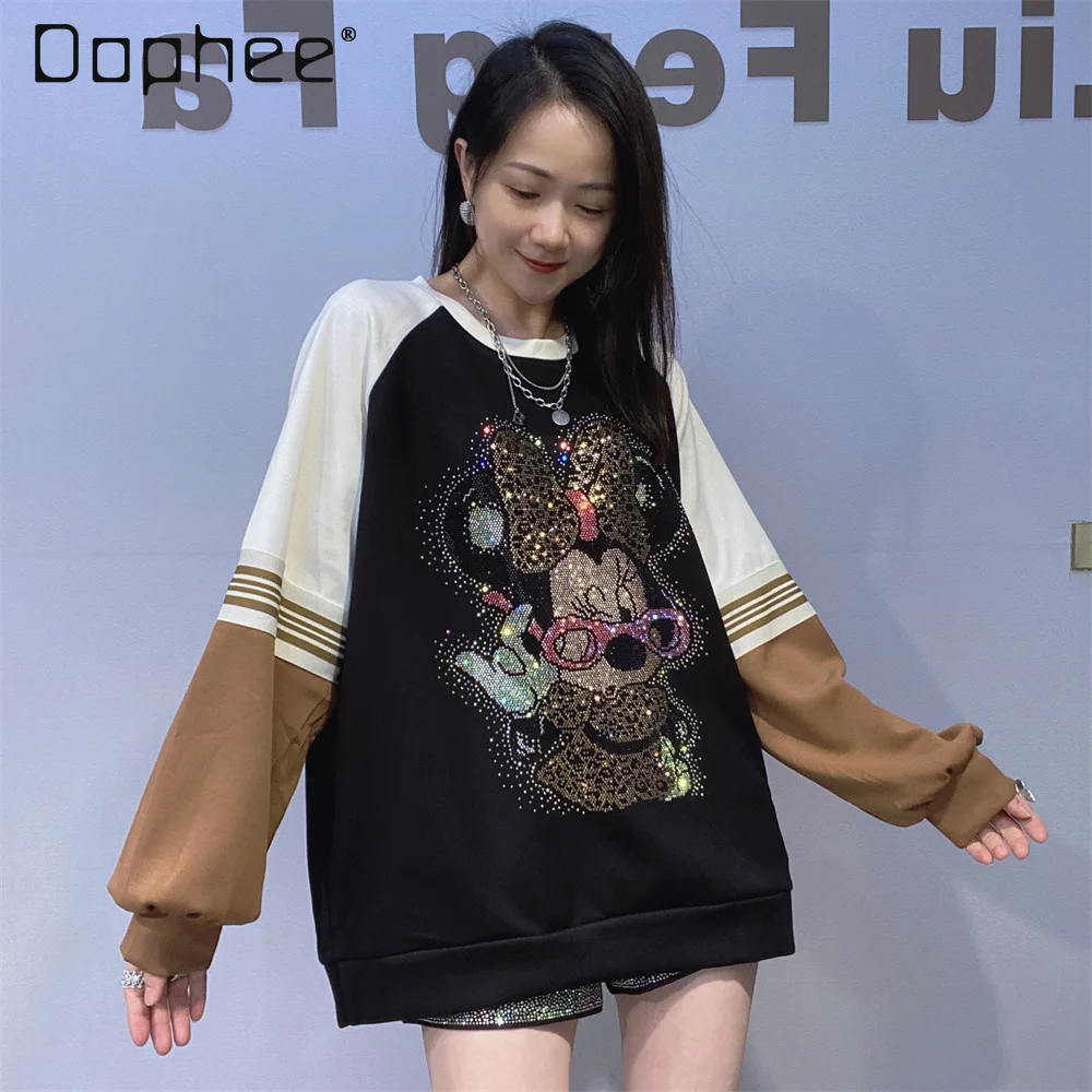 

Cartoon Round Neck Sweatshirt Women 2026 Spring New Trendy Brand Color Block Patchwork Unique Design Rhinestone Casual Top