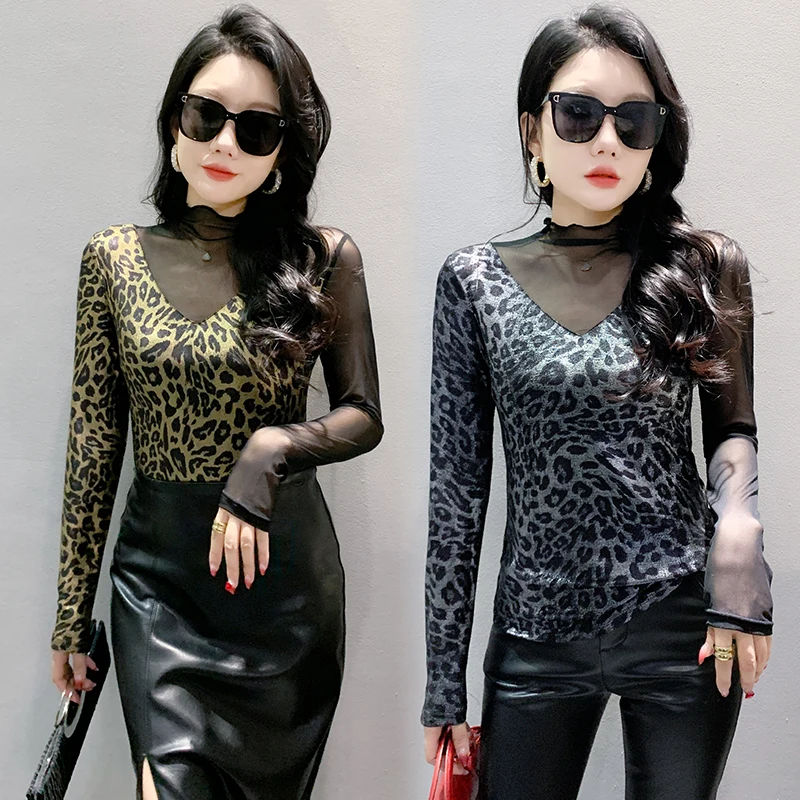 Sexy Streewear T Shirt For Women Autumn New Half High Neck Long Sleeve Tees Shirt Patchwork Gold Leopard Pattern Mesh Tops