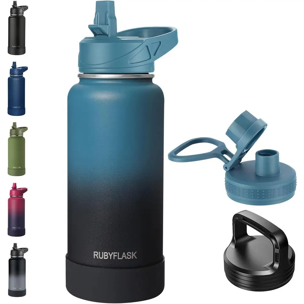 32oz Insulated Stainless Steel Vacuum Water Bottle with 3 Lids for Travel, Camping, and Gym - Large Thermal Bottle in Indigo Bla