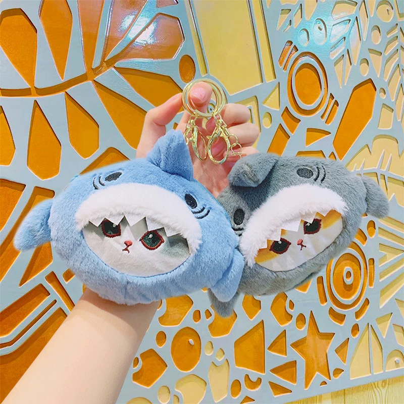 Porte-monnaie chat requin en peluche avec fermeture éclair, jouets beurre parfumés, sac porte-clés mignon, ornements de moto, cadeaux de couple