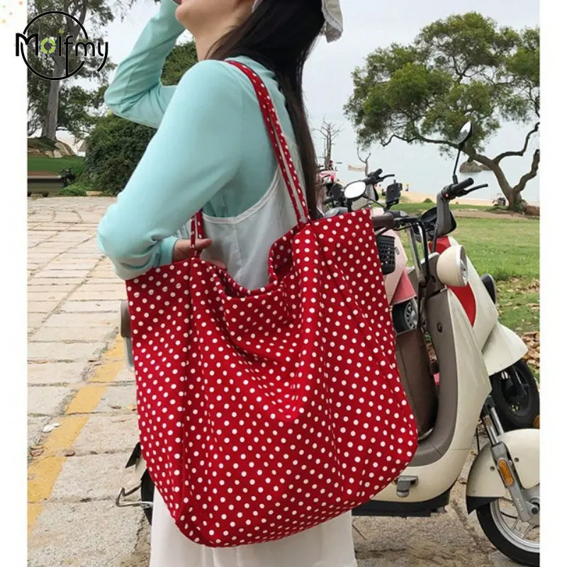 

Casual Shoulder Bags Large Capacity Canvas Shopping Bag Dot High Quality Eco Reusable Handbag for Women Totes Bags Daily Pouch