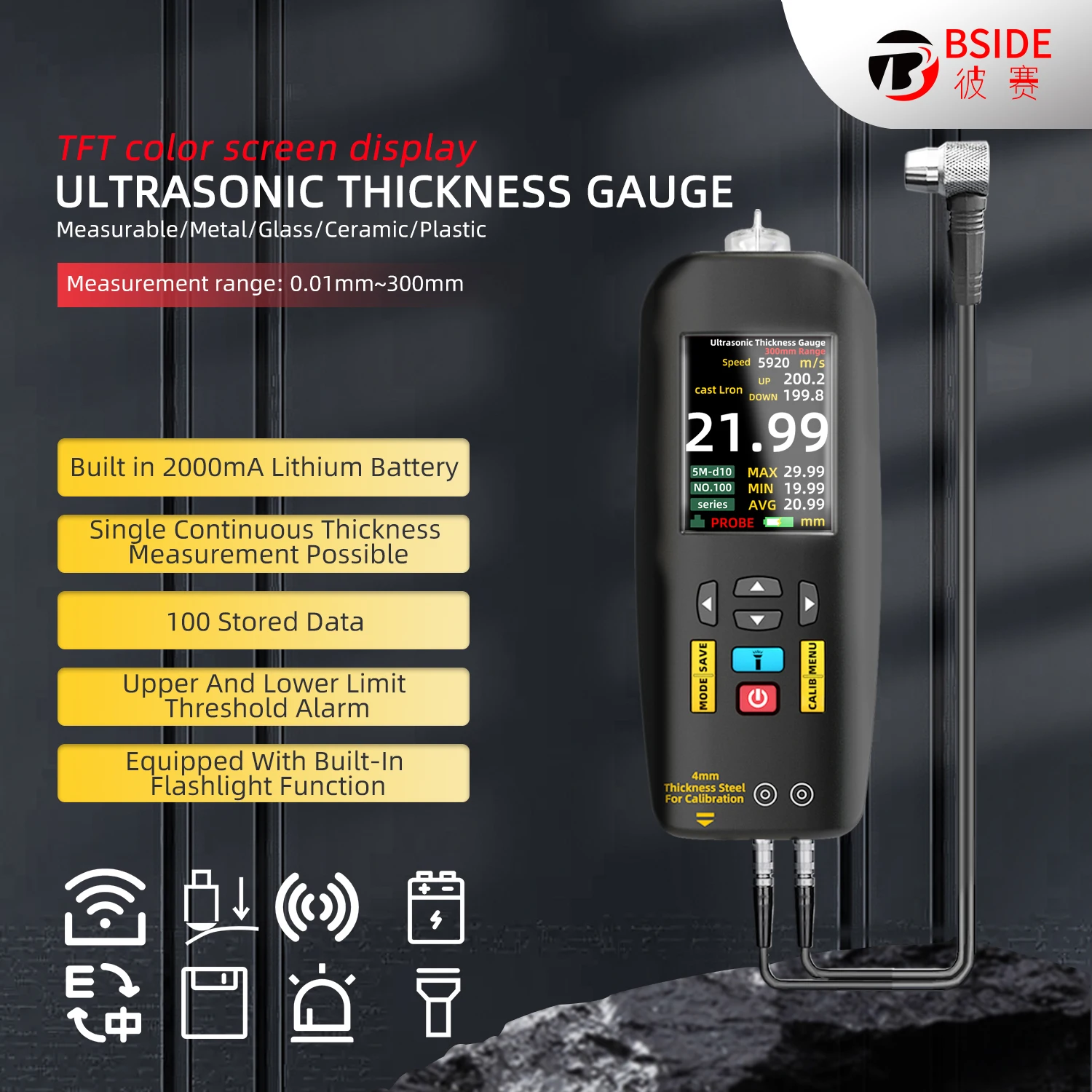 Imagem -05 - Handheld Ultrasonic Medidor de Espessura Lcd Digital Alta Precisão Sensor Inteligente Tester Professional Medidor de Profundidade 001 a 300 mm