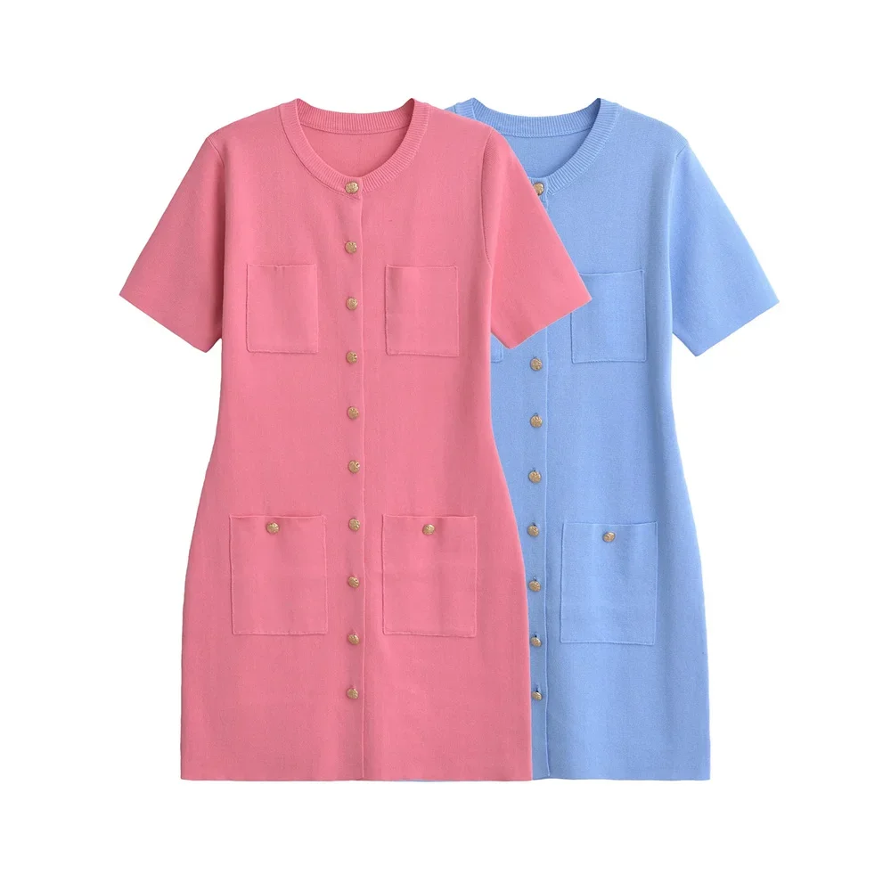 

LIBIELIY LIBIELIY 2025 Summer New Women's Short Sleeve Round Neck Pocket Decoration Gold Button Knitted Mini Skirt