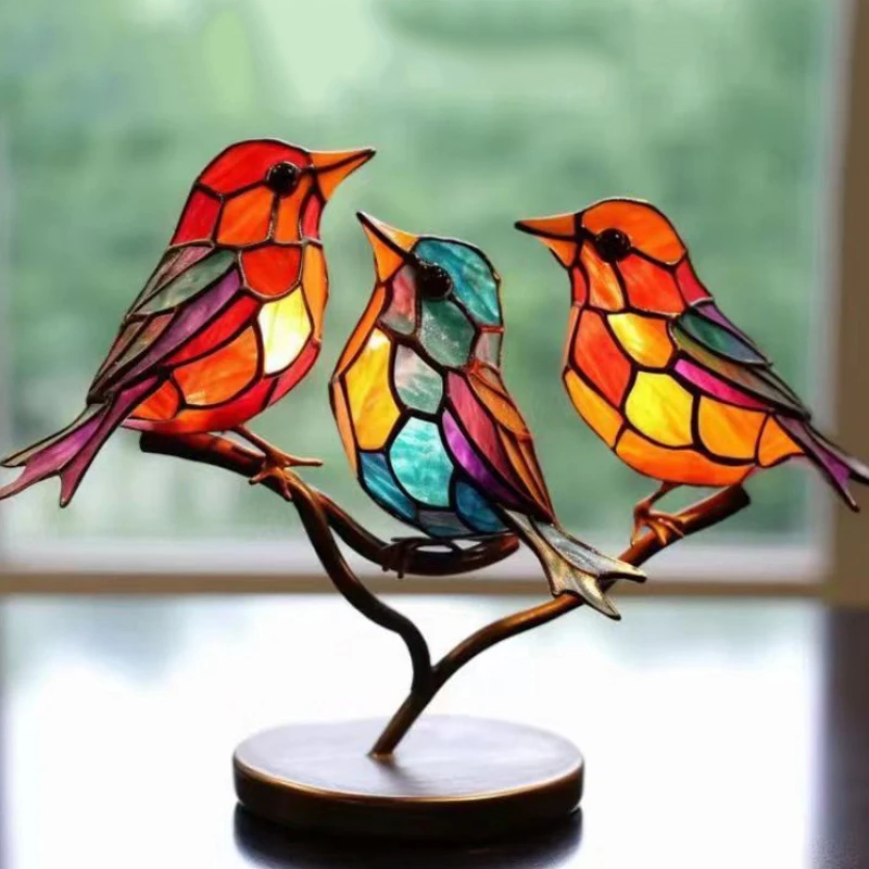 3/5 Multicolored Bird Ornament: 2D Acrylic Bird-on-Branch Desktop Decoration—Double-Sided Multicolored Artistic Sculpture
