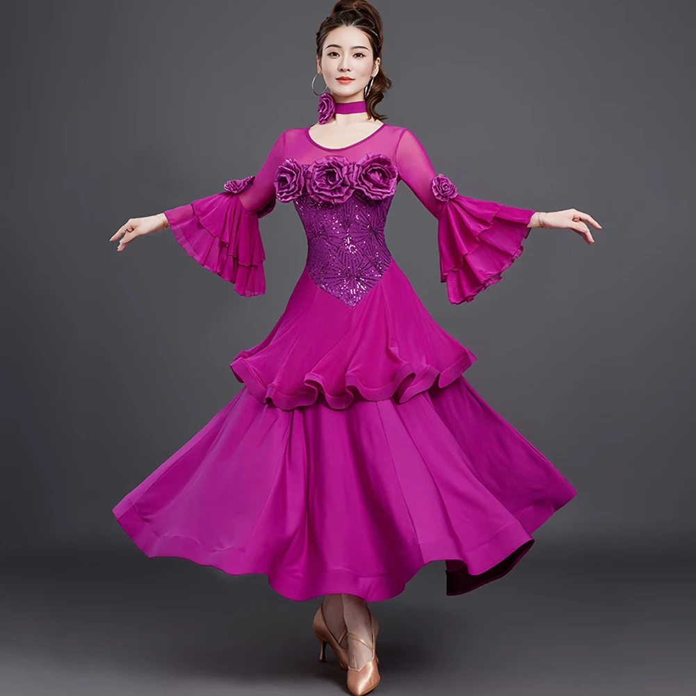 

Horn Sleeve Waltz Costume Standard dress Red Fuchsia Sequins Round Neck Ballroom dress Competition Ball Dress New