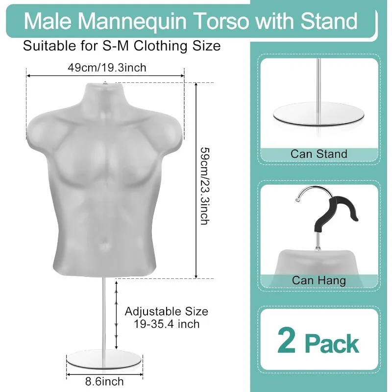 2 Pack Male Mannequin Torso with Stand Hollow Back Dress Form Mannequin Body White Retail Mannequins Body Tshirt Display