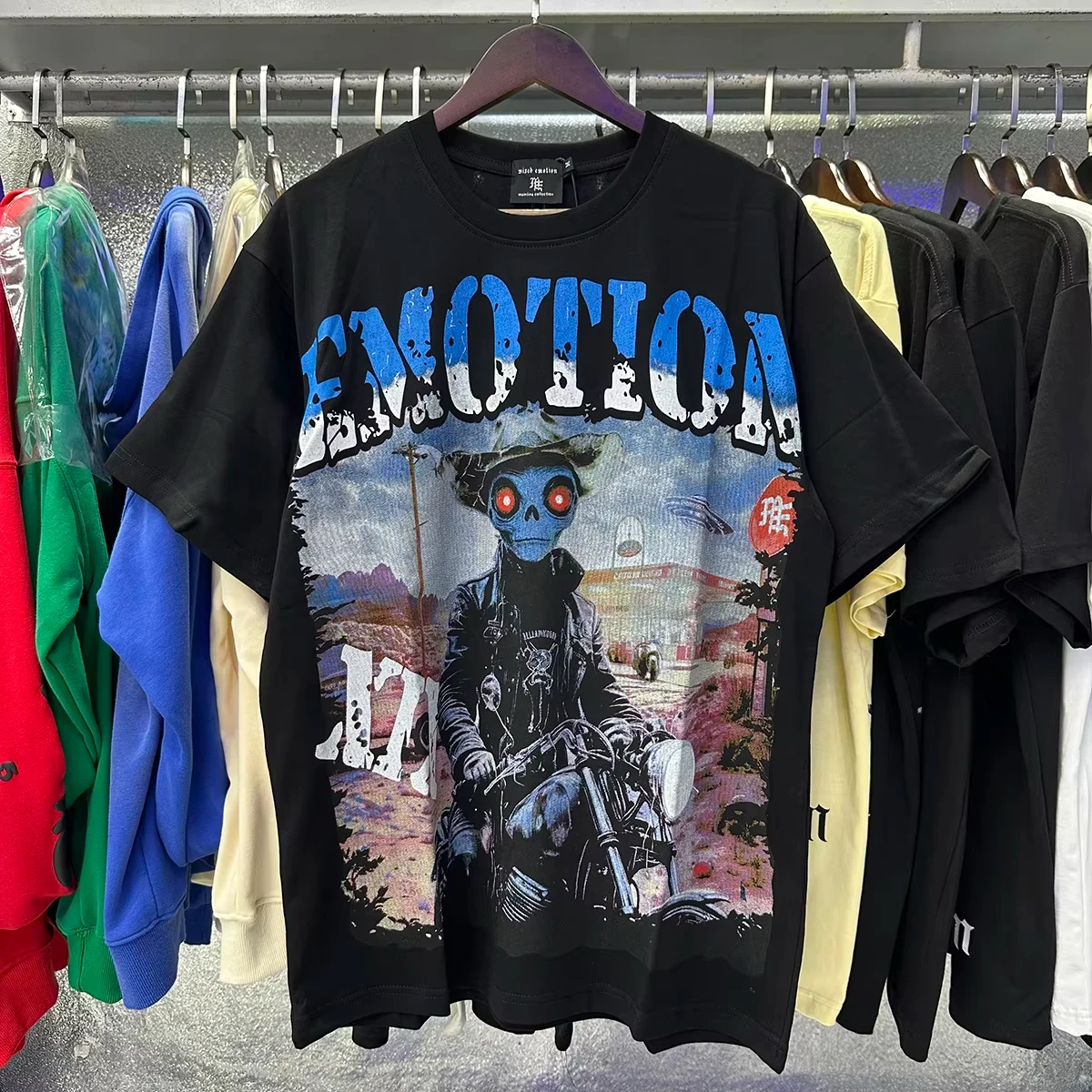 MIXED EMOTION Strass-Kurzarm-T-Shirt für Herren, Schwarz, Streetwear, Baumwolle, Lockerer Rundhals-Oberteil, Oversized Unisex-T-Shirt – Detail 8