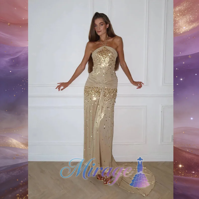 MIRAGE Simple Halter Sequins Prom Dress Elegant Tulle Straight Party Dress women's Evening Dress Customize for Formal Occasion