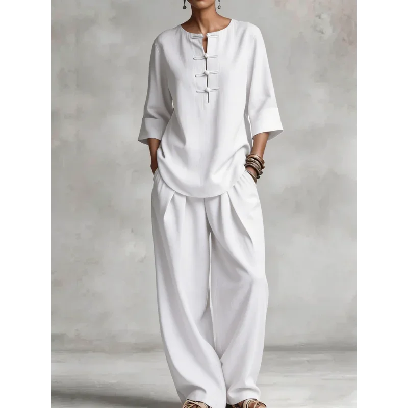 

Women Chinese Frog Button Linen Two Piece Set V Neck 3/4 Sleeve Top Pocket Wide Leg Pants Multi Color Casual Outfit