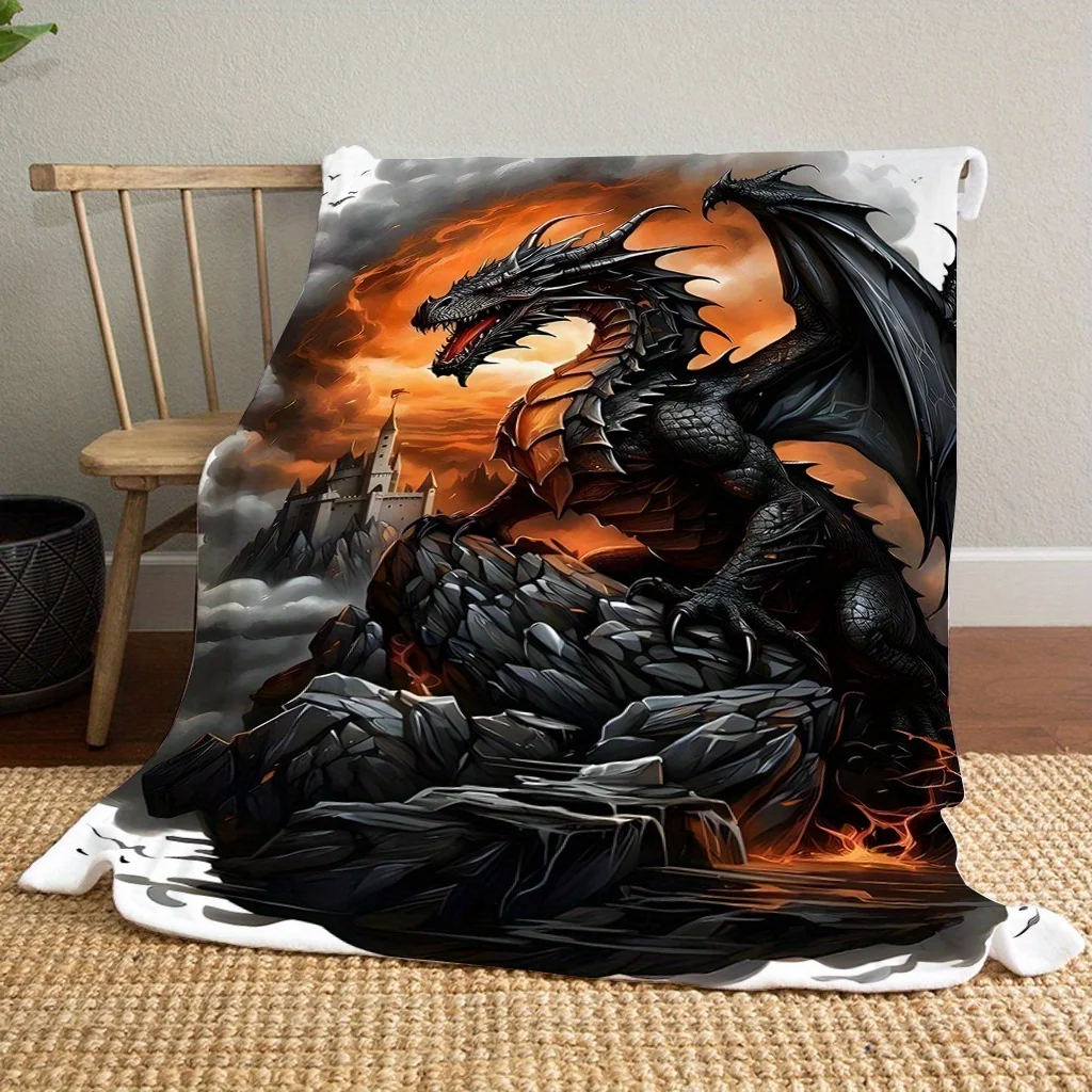 Dragon Roaring Under Black Clouds - Soft Flannel Throw Blanket with Vivid Digital Print, Cozy Polyester Sofa Cover, All-Season H