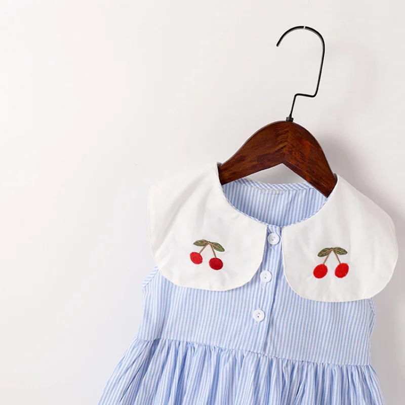 New Girls' Turn-Down Collar Striped Dress, Sleeveless Vest Dress for Young Girls, Refreshing Summer Dress for Girls