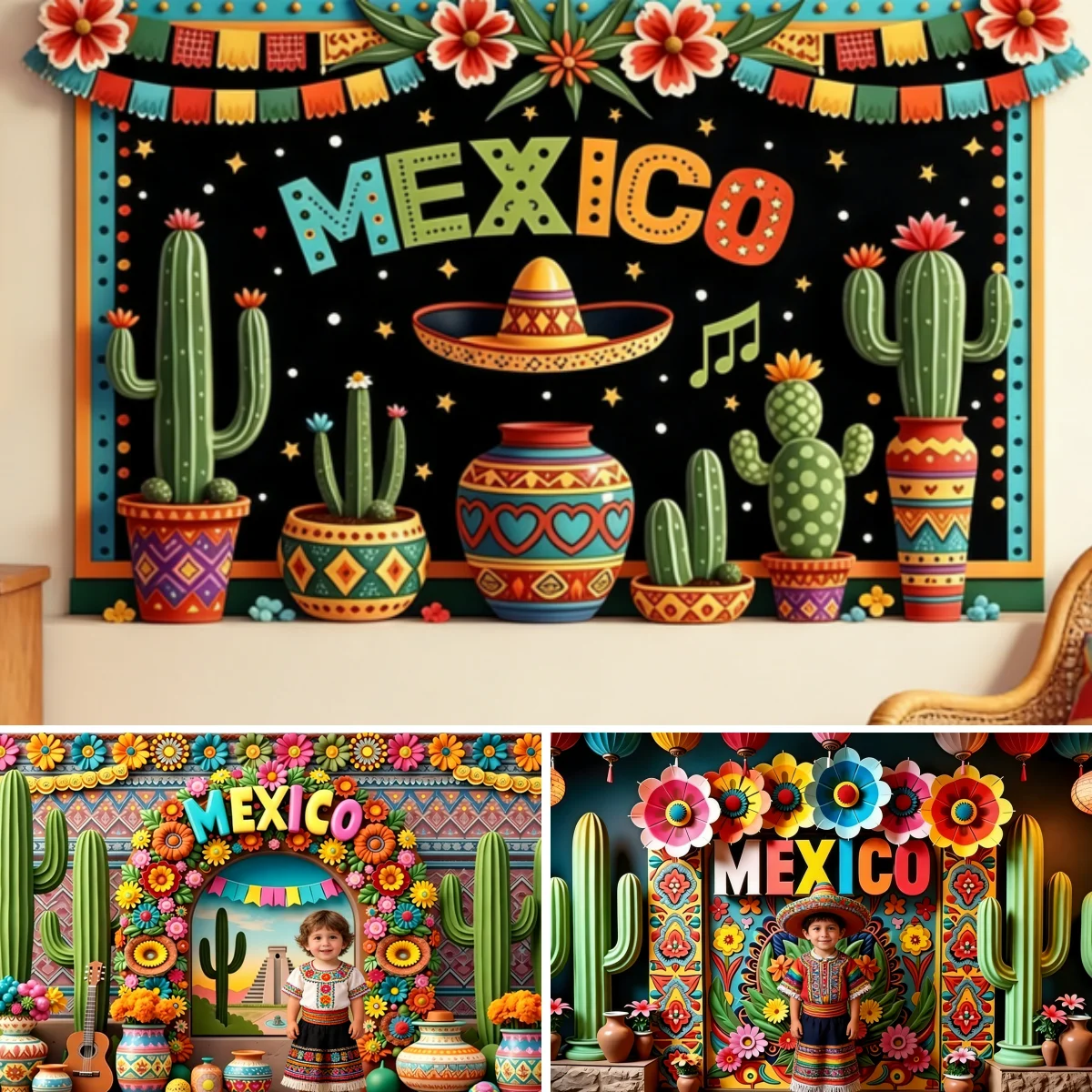 Mexican Cinco de Mayo Fiesta Party Decor Backdrop Cactus Guitar Flowers Festival Party Decor Photography Background Photostudio