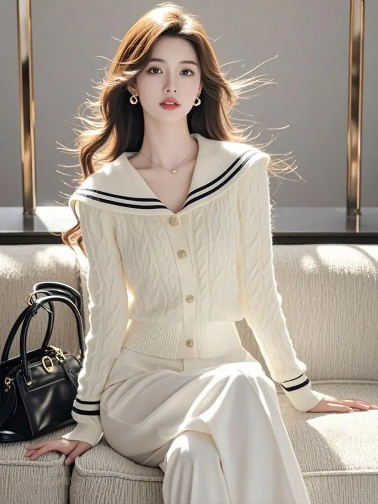

Unique Knitted Navy Collar Sweater Soft Cozy Inner Wear Base Shirt Commute Style Korean Version Slim Fit Long Sleeve Button up