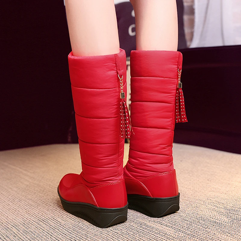 Winter Women Snow Boots Round Toe Plush Patent Leather Winter Black Brown Tassel Casual High Heel Wedge Platform Mid-calf Boots