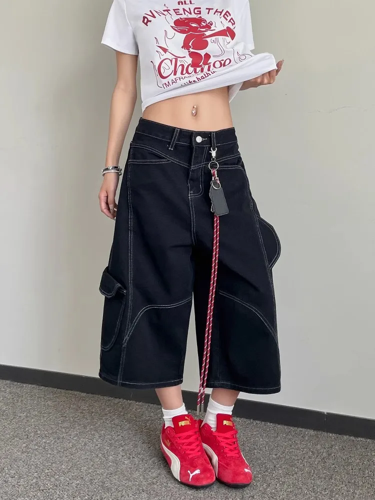 

Retro American Deconstructed Jeans Multi-ket Workwear Seven-Foot Pants High-Street Design Sense Women's Faion orts