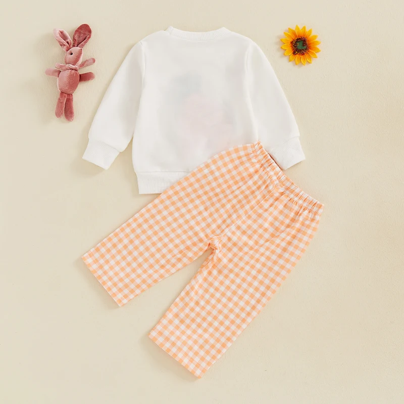 Baby Boy Girl Easter Outfit Carrot Embroidery Long Sleeve Sweatshirt and Elastic Waist Plaid Pants 2 Piece Clothes for Toddler