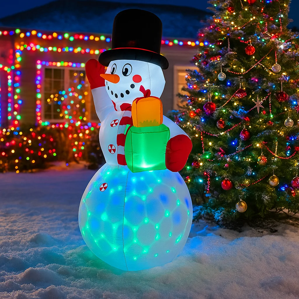 Muñeco de nieve inflable de 2,1 M/6,8 pies con regalos, luces LED para exteriores, decoraciones para el hogar, juguetes, adornos navideños para patio, decoración de iluminación navideña